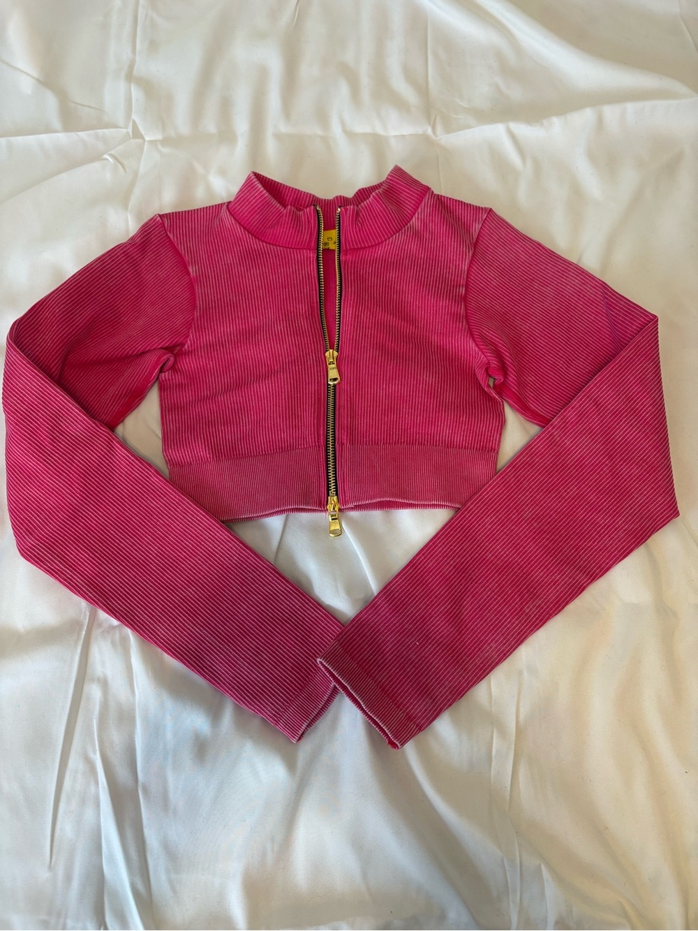 Rainbow Hot Pink Ribbed Cropped Jacket with Gold Zipper